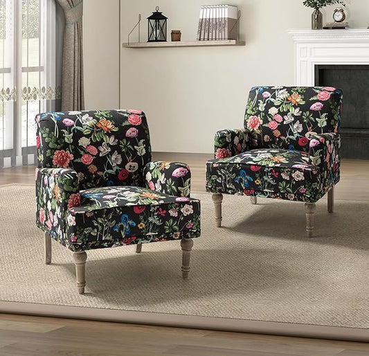 HULALA HOME Modern Armchairs Set of 2 with Wooden Legs & Nailhead Trim, Comfy Upholstered Accent Chairs for Living Room Bedroom (Floral Patterns, Black)