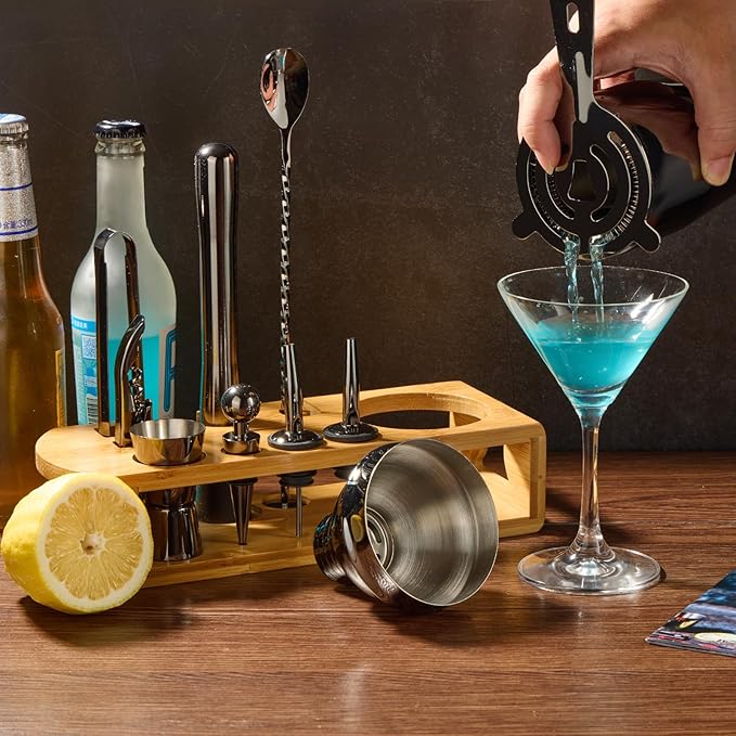 Cocktail Shaker Set Bartender Kit : 12-Piece Bar Tool Set with Bamboo Stand | Bar Set with All Practical Bar Accessories, for Drink Mixing, Bar, Home, Lounge & Party (Titanium Grey)