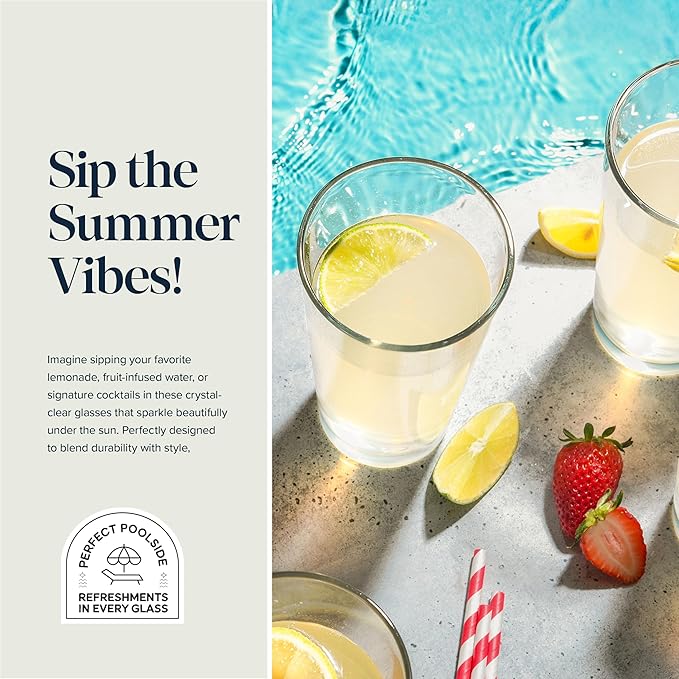 Drinking Glasses Set. Highball Glass Cups 17 oz by Home Essentials Water Colins Cooler Beverage Glassware. For the Bar, Beer, Juice, Iced Tea, and Cocktails. Dishwasher Safe. (Set of 4)