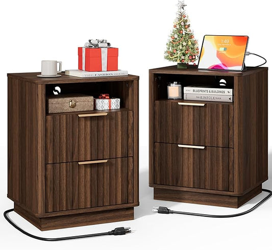 Fluted Nightstand Set of 2 with Charging Station, 18" Modern Farmhouse Night Stand, 2 Drawers End Table with Storage, Bedside Table for Bedroom Sofa Home Office, Curved Profile(Walnut)