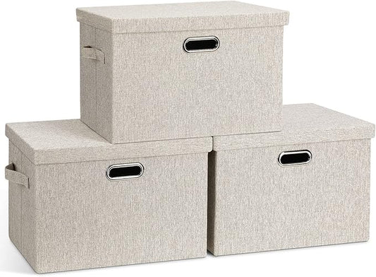 Large Quart Collapsible Stackable Storage Bins with Lids, 3 Packs Beige Linen Fabric Closet Boxes with Lids, Storage Cube Baskets Container Organizers for Bedroom Office(16.6 x 11.7 x 10.8)