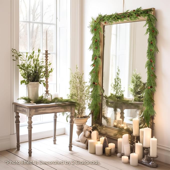 WBHome 2pcs Real Touch Cypress Cedar & Pine Cone Evergreen Garland for Christmas Holiday Seasonal Outdoor/Indoor Home Decor, 9FT Long