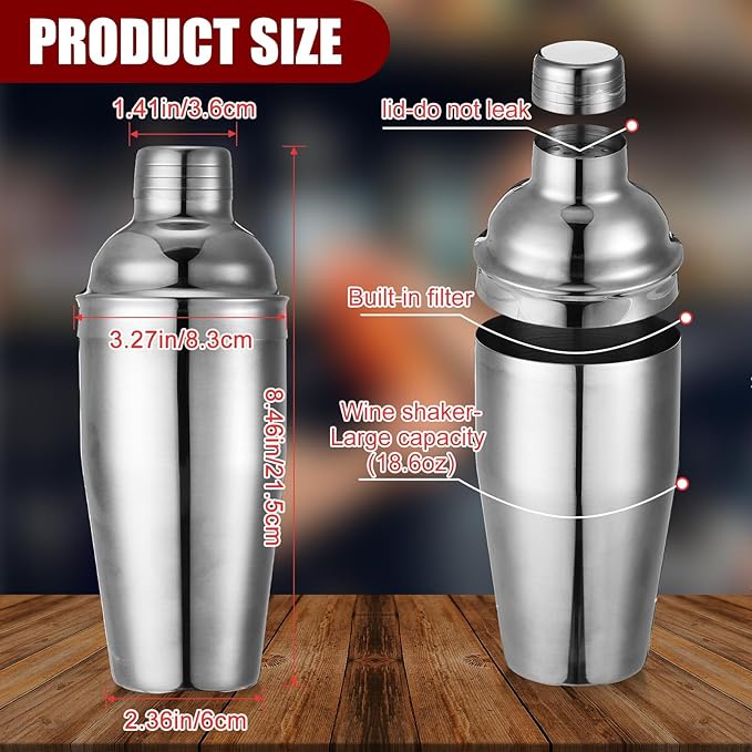 Nitial 9 Pcs Bar Cocktail Shaker Professional Stainless Steel Martini Drink Mixer with Built-in Strainer for Bartending No Leaks Boston Shaker for Bar Party Drink Mixing Tool(18.6 oz)