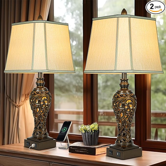 28.5" high Vintage Brown Table Lamps Set of 2 - Bedside Lamp with Faux Silk Shades - for Bedroom and Living Room with USB and Nightlight - Perfect for Nightstands and Bedrooms (Bulb Included)