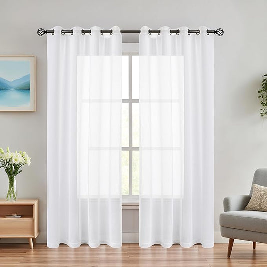 Randall Snow White Linen Sheer Curtain Panel Sets of 2 with Eyelets Open Weave Faux Linen Window Treament for Living Room Bedroom Farmhouse, Elegant Nickel Grommet Top-54x95 Inch