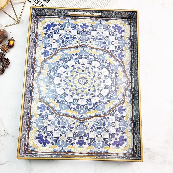 Boho Decorative Tray, Modern Blue Serving Tray with Handles, Ottoman Trays Set of 2, Plastic Coffee Table Tray for Living Room, Bathroom, Kitchen, Decor, Large 15.7”*11.8”, Small 13.7"*9.8"