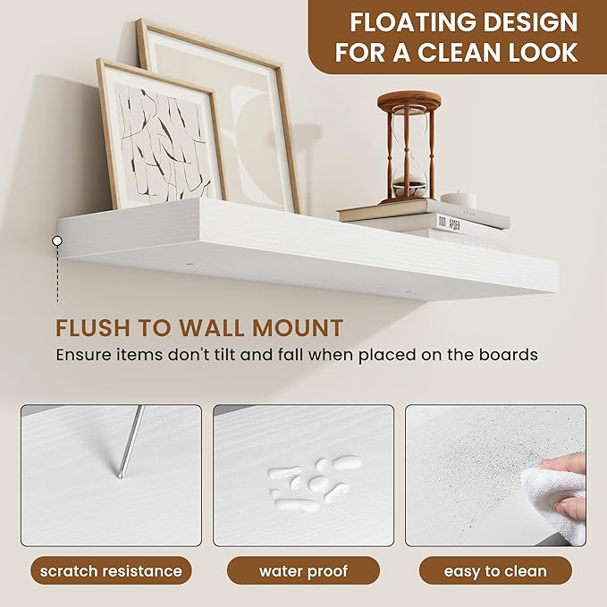fuqing Floating Shelves for Wall, Bathroom Shelf Wall Mounted for Storage, Shelves with Invisible Bracket for Bedroom, Kitchen, Living Room, Farmhouse Small Book Shelf, 24 Inch Set of 2, White