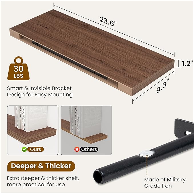 Fun Memories 24 Inch Floating Shelves for Wall, 9 Inch Deep Walnut Rustic Wood Wall Mounted Shelves for Bathroom, Kitchen, Living Room, Set of 2