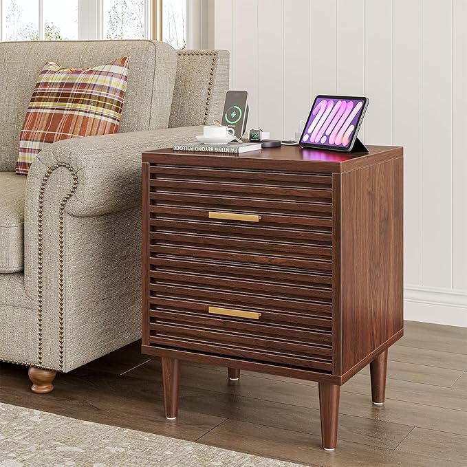 Alohappy Night Stands with Charging Station Set of 2, Mid Century Modern Nightstands, Wooden Bedside Table for Bedroom, End Table with Storage Drawers, Bed Side Table with USB Outlets, Brown 2pcs