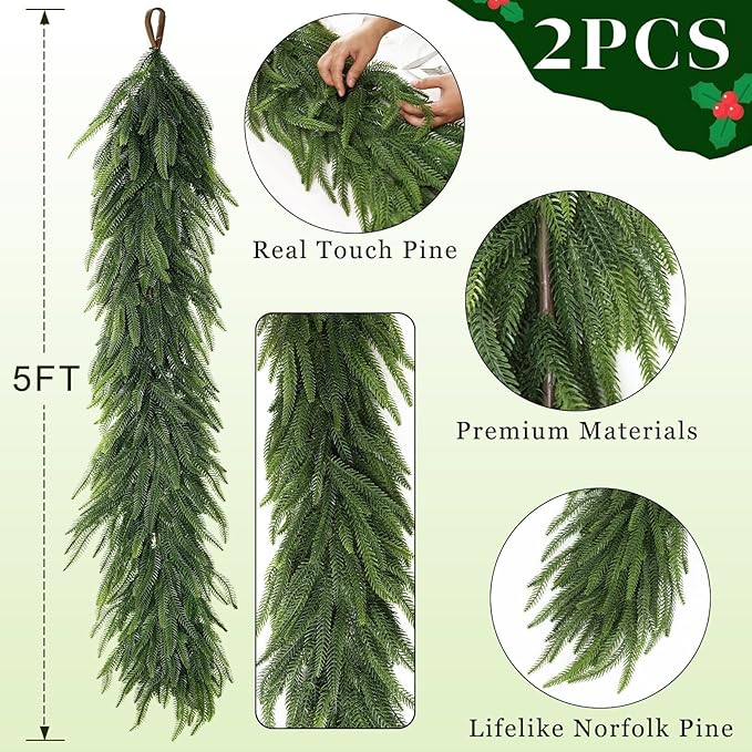 Christmas Norfolk Pine Garlands - 5ft Artificial Garland Faux Green Fake Pine Needles Garland for Fireplace,Table,Window,Stairs,Mante,Holiday Indoor Outdoor Xmas Decor(2PCS)