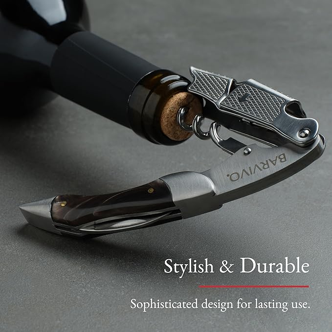 Barvivo Wine Opener with Foil Cutter and Cap Remover - Double Hinged Corkscrew for Bartenders - Stainless Steel Wine Key for Easy Bottle Opening - Manual Wine Bottle Opener - Ebony Wood, 4.7x1.2-Inch