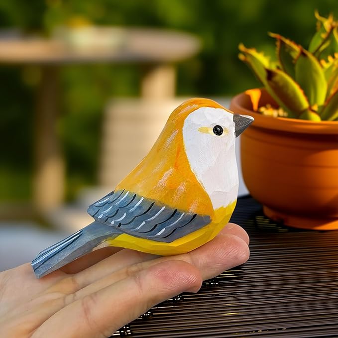 Wooden Bird Figurines Funny Desk Accessories Hand Carved Wood Decorative Small Birds Animal Miniature Statues Ornament for Home Room Decor (0range Grey)