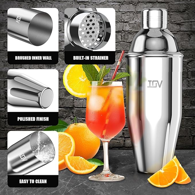 IOV Cocktail Shaker, 24 oz Martini Shaker, Drink Mixer with Built-in Strainer, Professional Stainless Steel Margarita Alcohol Shakers with Cocktail Recipe Guide, Bartender Kit Gifts