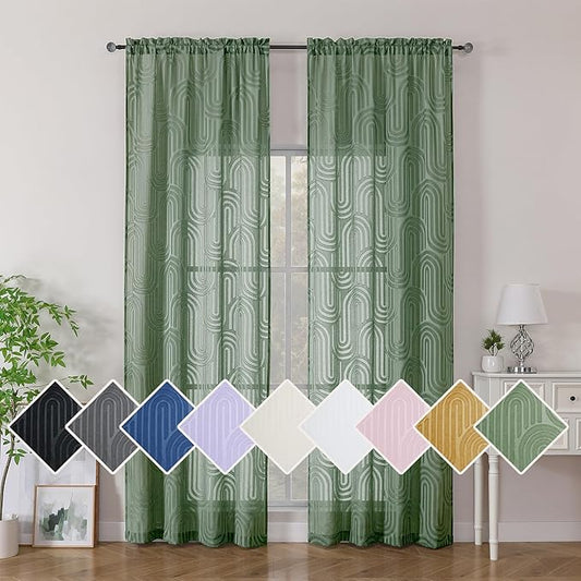 Simplebrand Sage Green Sheer Curtains 96 Inches Long 2 Panels for Living Room, Jacquard Clip Textured Geometric Mid Century Sheer Curtains, Light Filtering Elegant Long Curtains Sheer, 42" Wx96 L
