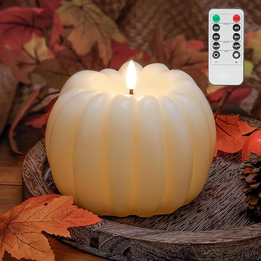 Fall Flameless Led Pumpkin Candles with Remote, Real Wax Pumpkin Shaped Battery Operated Flickering Candles with Timer for Thanksgiving Decor, Fall Home Decor, Halloween Decorations, Ivory