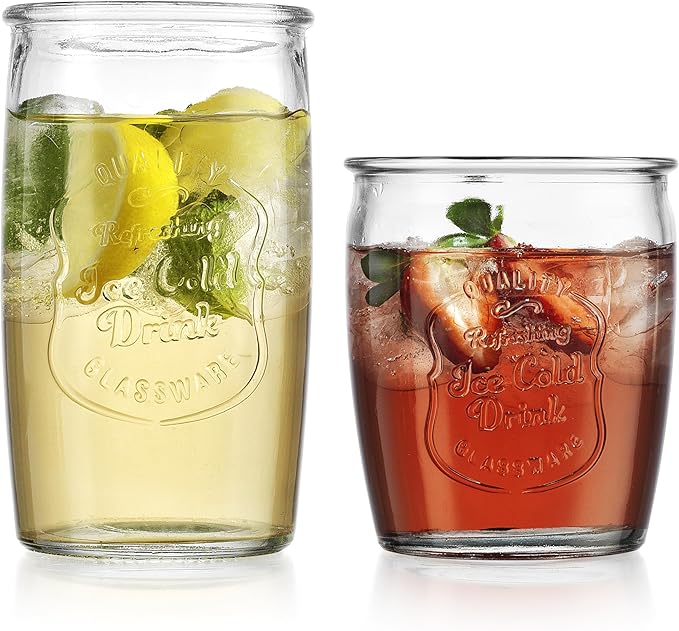 Glaver's Ice Cold Set of 8 Drinking Glasses 4-20 Oz Highball Glasses, and 4-13 Oz Whiskey Glass Cups For Everyday Home Use Water glasses, Beer, Juice, Cocktail.