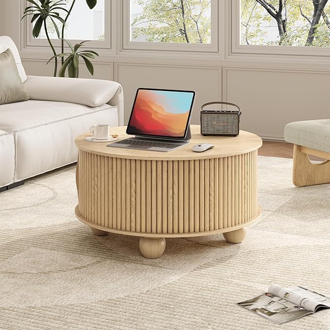 Round Coffee Table with Storage,31.5" Modern Coffee Table with Sliding Tambour Door & Bun Feet,Fluted Center Table for Living Room, Small Space,Oak