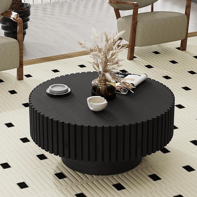 Modern Wood Round Coffee Table - Handcraft Drum Coffee Tables with Sturdy Base, Easy Assembly, Contemporary Style Small Coffee Table Tea Table for Living Room, Bedroom, Office (Black Round)