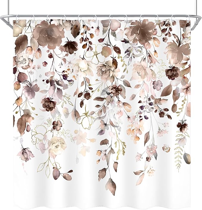 Brown Floral Shower Curtain 72Wx72L Inch Autumn Fall Flower Tan Watercolor Eucalyptus Leaf Pastel Bathroom Set Country Shabby Botanical Plant Bath Curtain Bathtub Accessories Home Decor