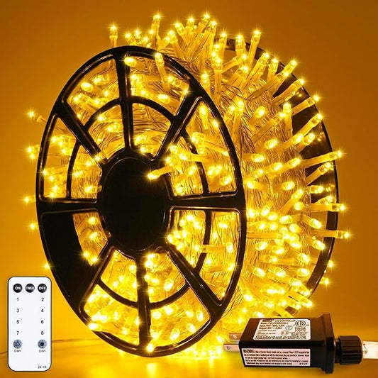 JMEXSUSS 500 LED Warm White Christmas Lights Indoor Outdoor, 163ft Clear Wire Plug-in String Lights Bedroom, 8 Modes Remote Control Christmas Tree Lights for Christmas Bedroom Tree Classroom