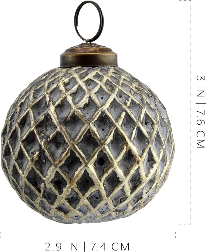 AuldHome Design Farmhouse Ball Ornaments (Set of 6, Antique Gold); Distressed Metal Glass Ball Vintage Style Christmas Decorations