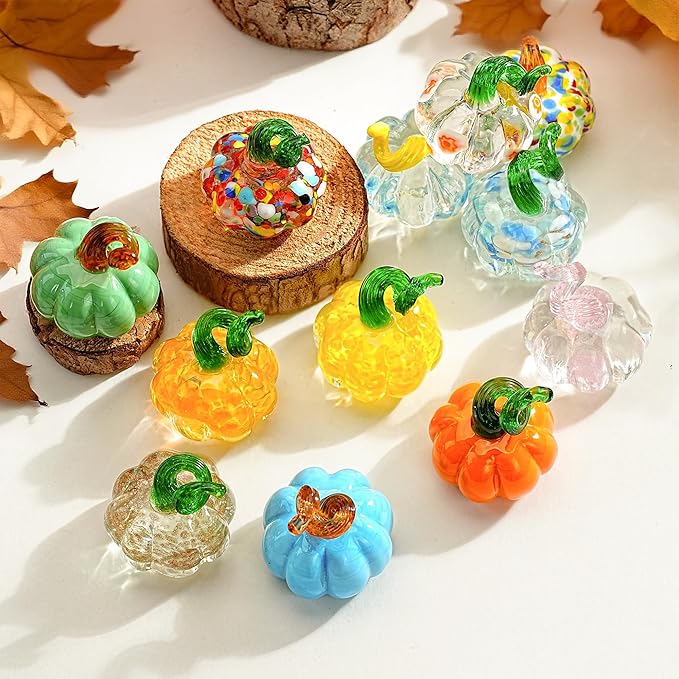 H&D HYALINE & DORA 12 Pcs Mini Blown Glass Pumpkin Figurines Crystal Halloween Pumpkin Art Decorations Table Accent for Home Thanksgiving Halloween