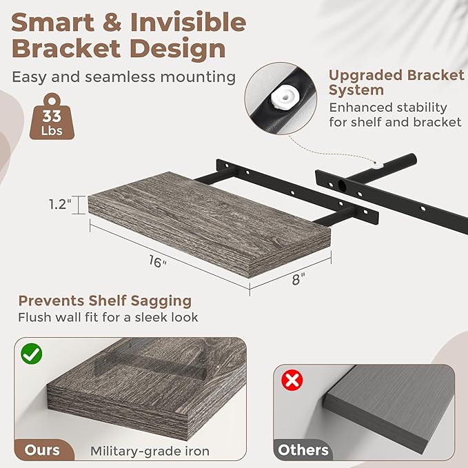 16 Inch Floating Shelves for Wall Set of 2, 8"D Wood Grain Bathroom Shelves with Invisible Brackets, Easy Install Engineered Wood Storage Shelves for Kitchen, Living Room, Bedroom, Grey Oak Finish