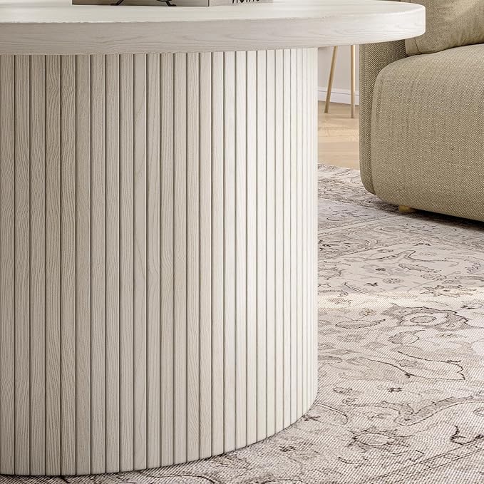 ONBRILL 31.5" Round Coffee Table, Tambour Design Coffee Tables for Living Room, Mid Century Modern Wood Coffee Table, Drum Accent Small Center Table, Natural White