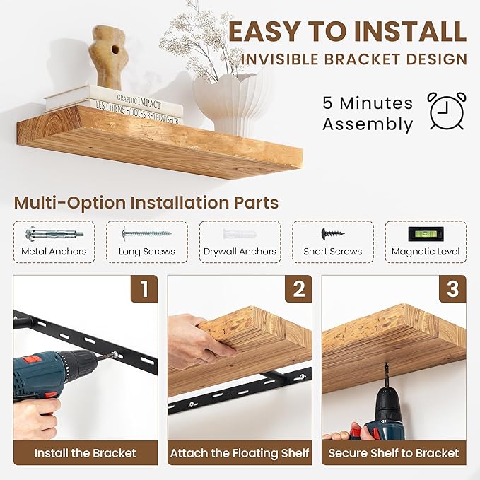 Floating Shelves, 8" Deep Rustic Solid Wood Wall Mounted Floating Shelves, Wall Shelves with Invisible Bracket for Living Room Bathroom Bedroom Kitchen, 55 Inch, Natural