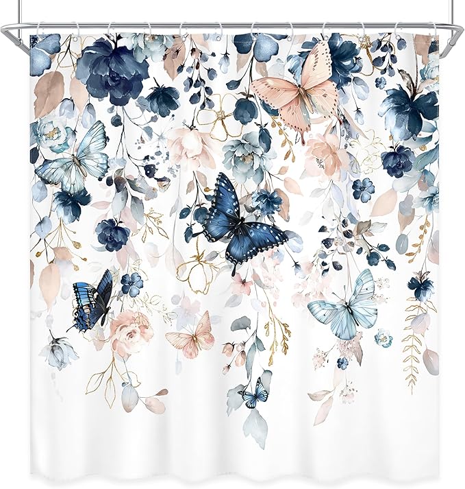 Extra Long Blue Pink Shower Curtain 72Wx78H Inch Floral Butterfly Spring Summer Plant Natural Gold Green Leaves Botanical Bathroom Set Country Woman Bath Curtain Bathtub Accessories Home Decor