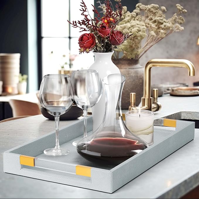 Ottoman Tray Shagreen Decorative Tray Serving Tray with Acrylic Gold Handles, 2 Pack Large Ice Blue Coffee Table Tray for All Occations Home Decor