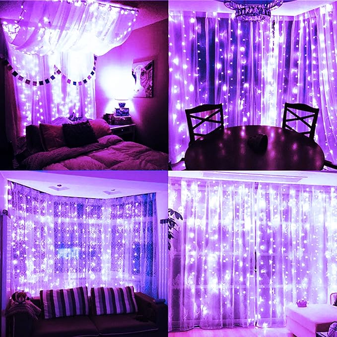 300 LED Curtain String Lights, Twinkle Fairy Lights for Bedroom with 8 Lighting Modes, USB Christmas Lights for Party Home Bedroom Indoor Wall Room Decor (Purple)