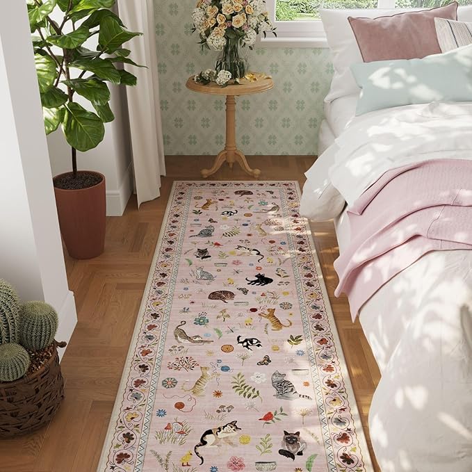 Rugcomf Runner Rug for Kitchen Non Slip 2'x6' Washable Rugs with Rubber Backing Soft Floral Animal Cat Carpet Runner for Kitchen Laundry Bedroom Bathroom, Pink