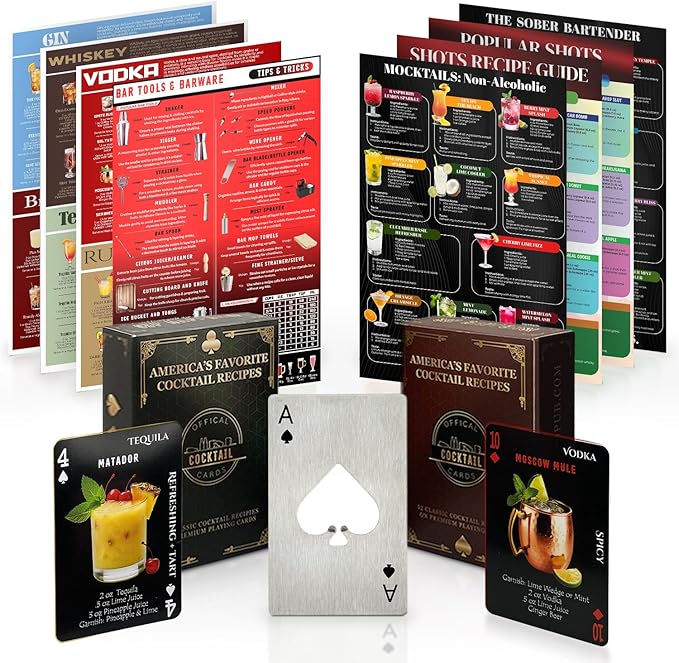 Bar Essentials for Home 120+ Cocktail Recipe Cards. Gifts for Alcohol Lovers. Alcohol Drinks Bar Charts. Red & Black Mixology Cards Bar Wall Decor (Double Sided Charts)