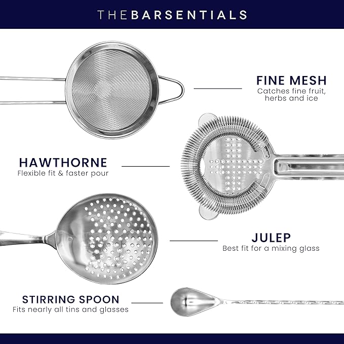 Cocktail Strainer Set Stainless Steel Bar Tools with Stirring Spoon - Hawthorne, Julep, & Fine-Mesh Sifter for Drinks
