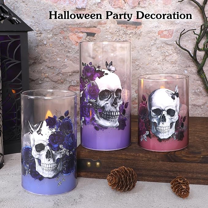 Halloween Glass Flameless Candles Romantic Gothic Skull Floral Battery Operated Remote Timer Flickering LED Pillar Candle for Wedding Party Goth Bathroom Decor