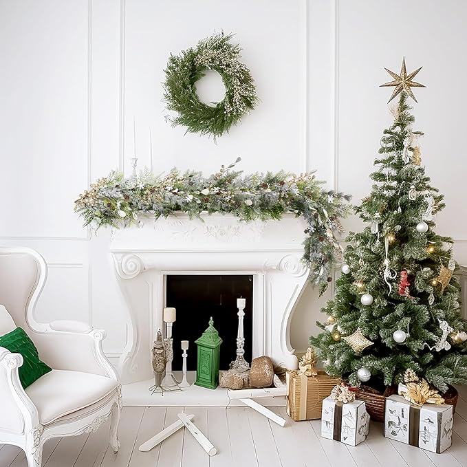 WBHome 2PCS 6ft Mixed Snowy Norway Spruce & Pine Branch with Shimmy Berries Mantle Christmas Garland, Winter Flocked Garland for Christmas Holiday Seasonal Indoor/Outdoor Home Decor