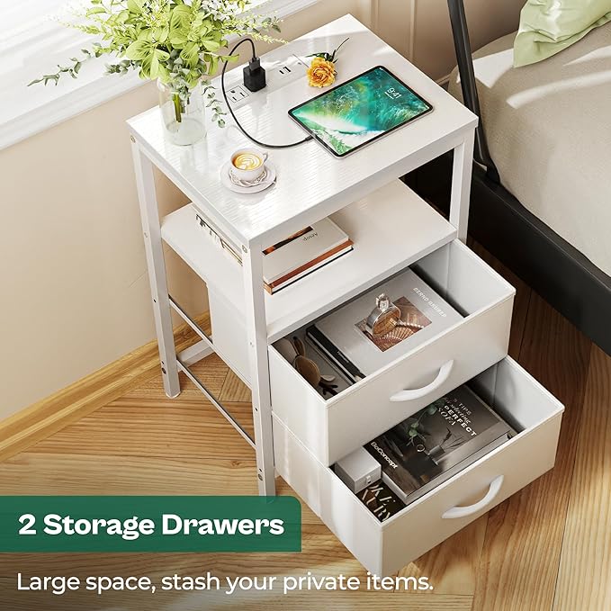 Huuger Nightstand with Charging Station, Side Table with 2 Fabric Drawers, End Table with Open Shelf, Bedside Table with USB-C Port and Outlets, Night Stand, PU Leather, White