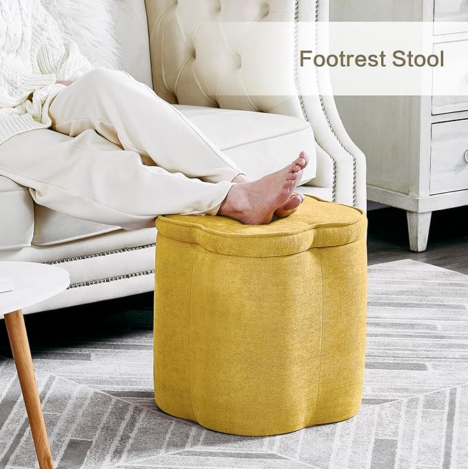 Crestview Collection 18" Flower Foot Rest Ottoman with Storage,Chenille Fabric Pouf Ottoman for Home Decor, Vanity Stool, Extra Seating for Living Room, Bedroom, Entryway, Spice Yellow
