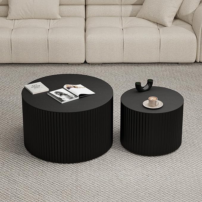 Round Wood Coffee Table Set of 2 Modern Circle Nesting Coffee Table Handcrafted Drum Nesting Table Nesting Coffee Tables for Living Room for Small Space (Black (D18.9+D14.8 inch))