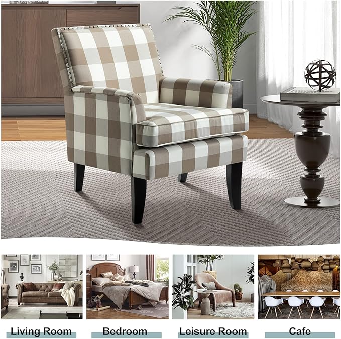 HULALA HOME Modern Accent Chairs Set of 2, Farmhouse High Back Buffalo Plaid Chairs with Wooden Legs & Nail Head Trim, Comfy Upholstered Armchairs for Living Room/Bedroom (Buffalo Beige)