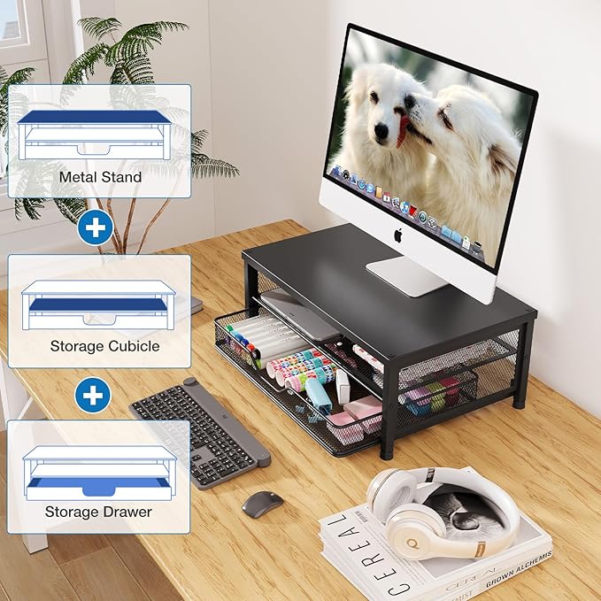 Desk Organizers and Accessories, 2-Tier Computer Monitor Stand Riser with Drawer, Laptop Stand, Office Desk Accessories, Workspace Desktop Organizer for Office Supplies, Black