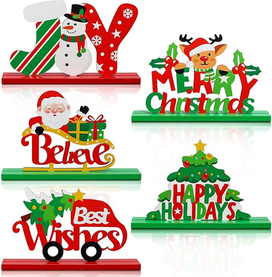 5PCS Christmas Table Decorations, Wooden Christmas Decorations, Seasonal Holiday Centerpieces, Winter Tabletop Display for Holiday Celebration, Xmas Home Decor