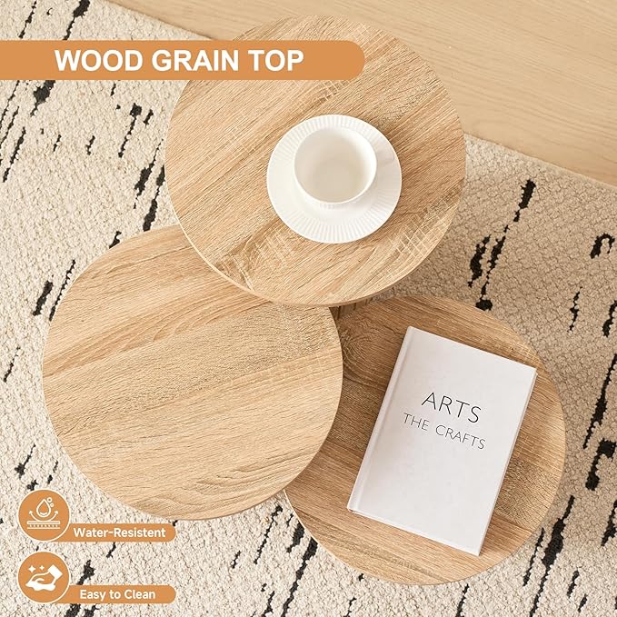 3-Piece Nesting Coffee Table Set, Modern Small Round Wood Side Tables, Fluted Drum Base, for Living Room Bedroom Apartment Small Space, Natual