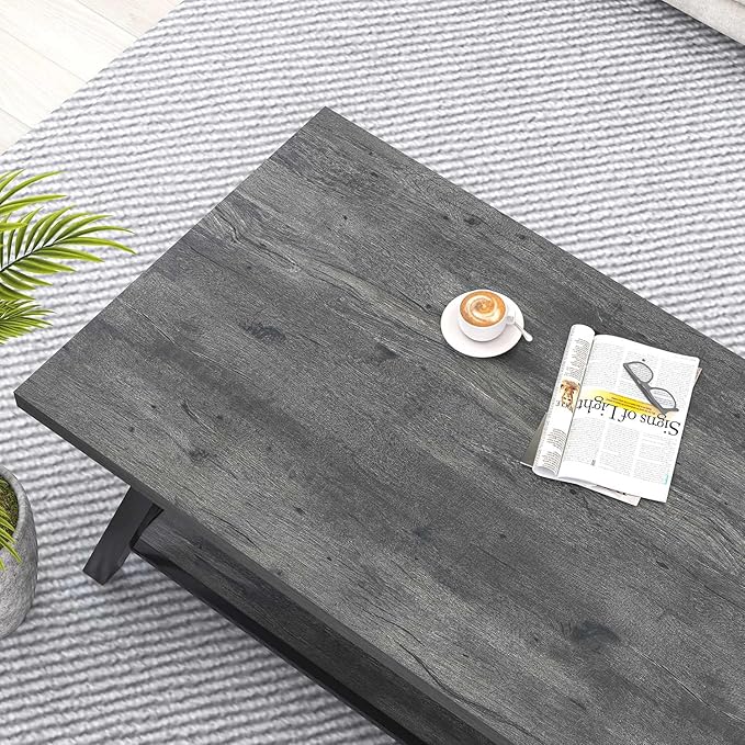 EXCEFUR Coffee Table, Industrial Wood and Metal Center Table for Living Room, Rectangle Cocktail Tea Table with Storage Shelf, Rustic Grey, 47 Inch