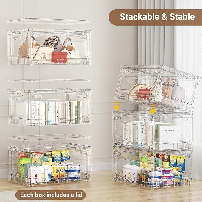 BROVIEW Clear Stackable Storage Bins Drawers, 240Qt Open Front Large Plastic Storage Bins with Lids and Wheels, Foldable Closet Organizers and Storage for Wardrobe Cabinets, Pantry, Makeup,3 Pack