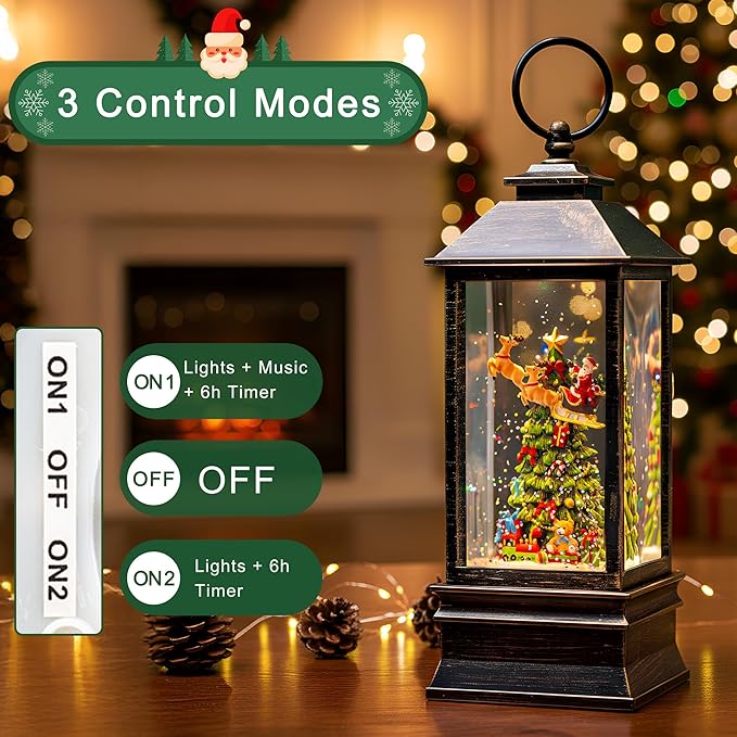 10.4" Christmas Snow Globe Water Lantern with Flying Santa Scene Battery Operated or USB Powered Musical Lighted Holiday Decoration for Tabletop Display for Family and Friends