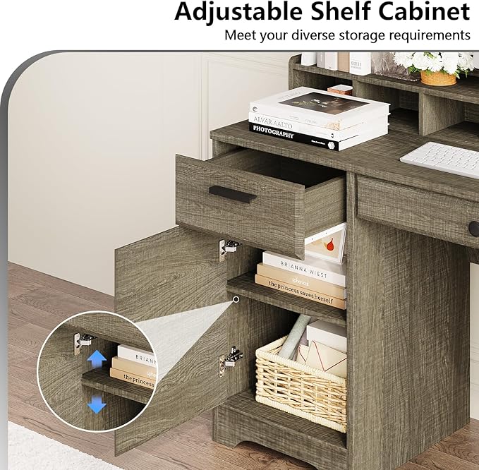 58 Inch Executive Desk with File Drawers, Computer Desk with Storage, Rustic Desk with Adjustable Shelves, Office Desk with Hutch for Bedroom, Grey