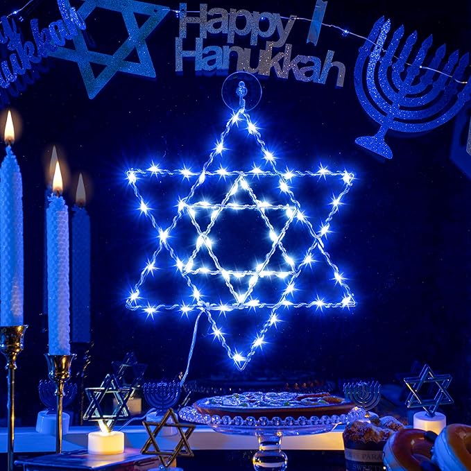 Hiboom Hanukkah Window Lights Decorations, 8 Lighting Modes Star of David Hanukkah Decor 66 LED Blue Chanukah Lights with USB Powered for Jewish Christmas Party Decor Indoor Outdoor Home