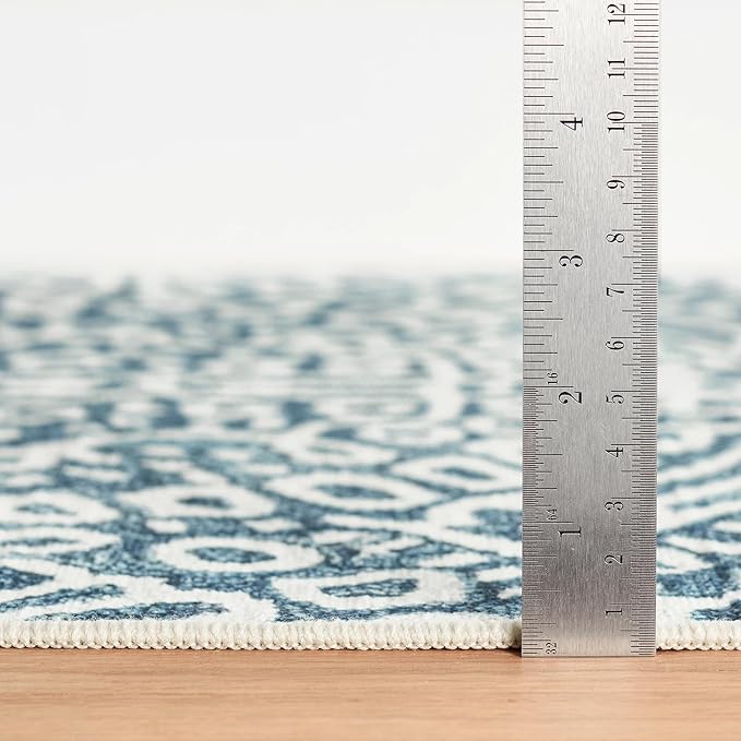 Dash & Albert Temple Ink Machine Washable Rug, 8.5 X 11.5 Feet, Blue Geometric Pattern
